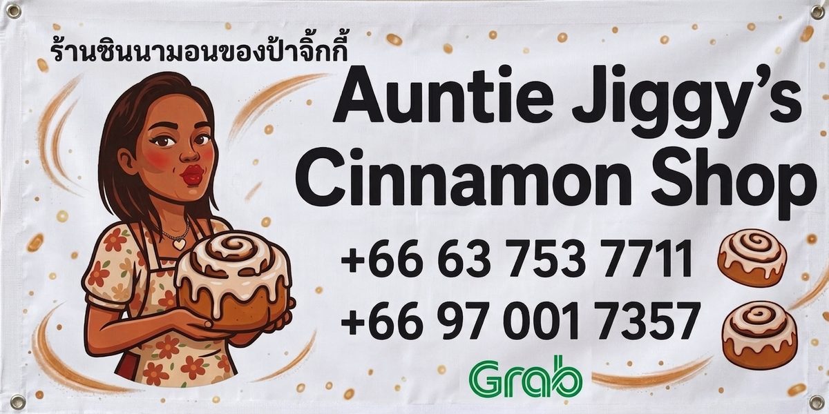 Auntie Jiggy's Cinnamon Shop banner, Buriram Thailand